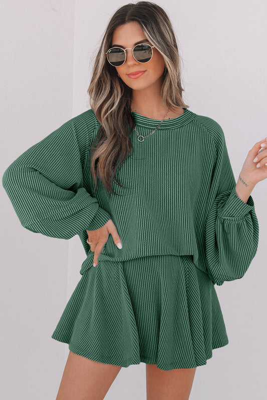 Mist Green Corded Lantern Sleeve Top High Waist Ruffled Mini Skort Set