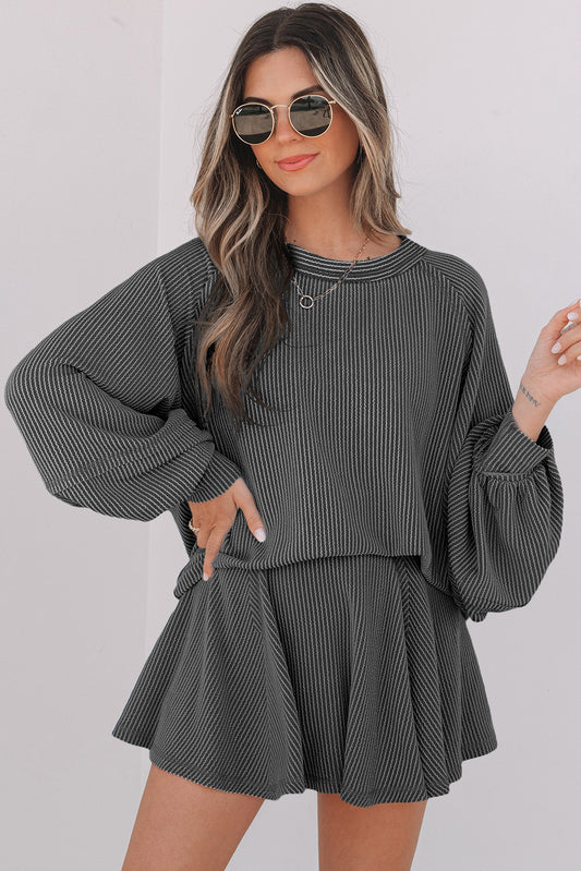 Dark Grey Corded Lantern Sleeve Top High Waist Ruffled Mini Skort Set