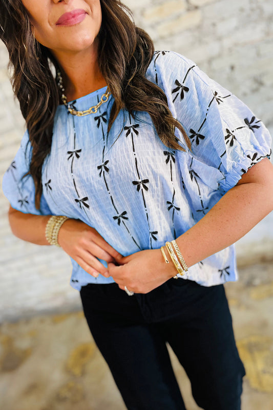 Blue Bow Print Puff Short Sleeve Top