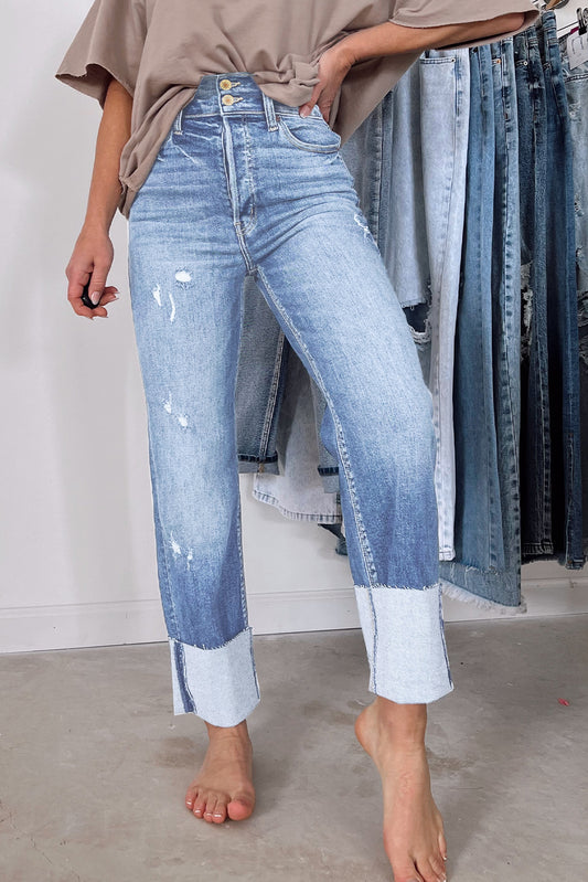 Sky Blue High Waist Distressed Straight Leg Jeans