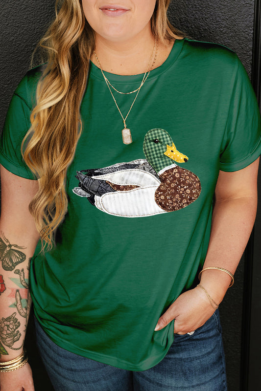 Dark Green Faux Patchwork Mallard Duck Plus Size Graphic Tee