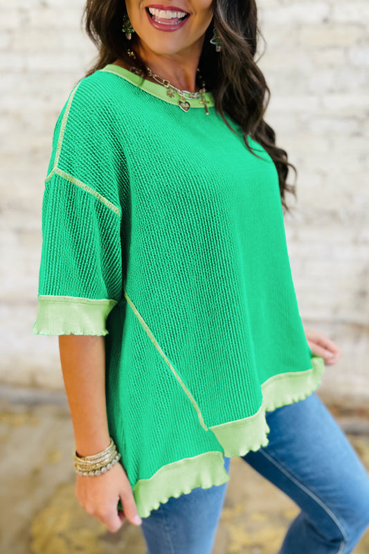 Mint Green Loose Uneven Hem Ribbed T Shirt